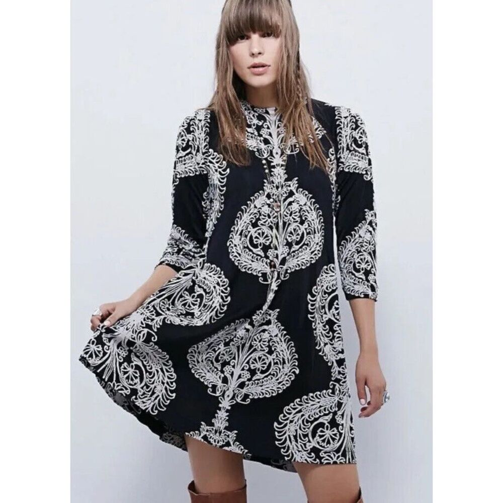Free People New Romantics Fiesta Floral Boho Mock Neck Mini Dress Sz S